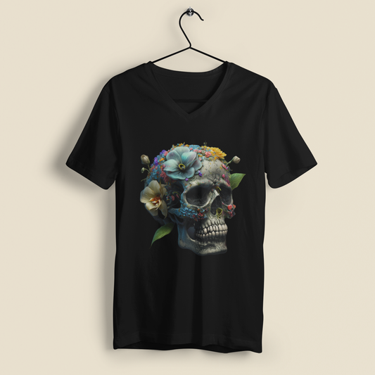 Flower Skull I - V-Ausschnitt Vorgeschrumpfter Baumwollstoff (100%)